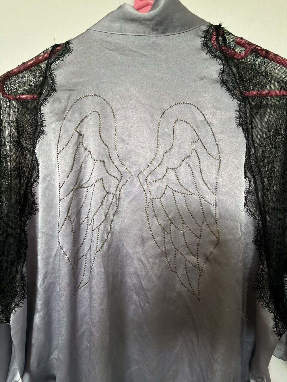 Victoria's Secret Satin Robe with Lace Shoulders and Rhinestone Back Wings